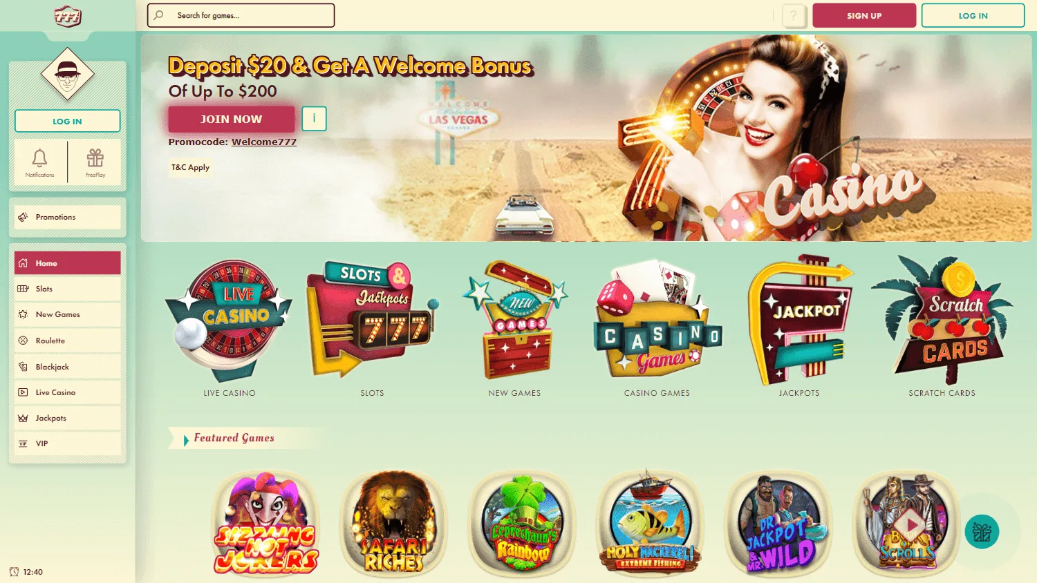 777 Casino desktop home screen with casino categories and promotional content