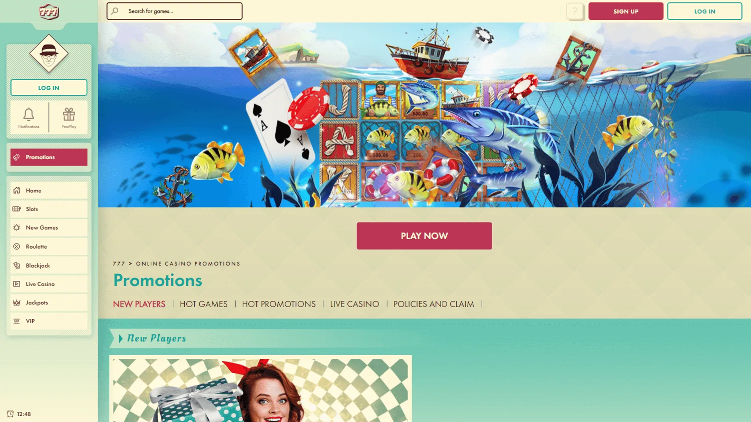 777 Casino desktop promotions area with welcome and no deposit offers