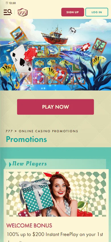 777 Casino mobile promotions area with bonus offers