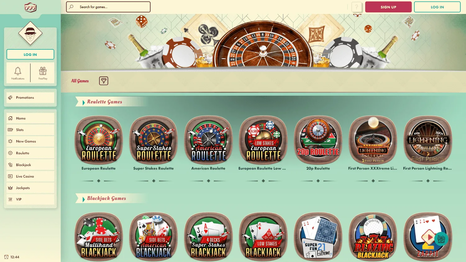 777 Casino desktop games area with pokies, table games and live casino choices