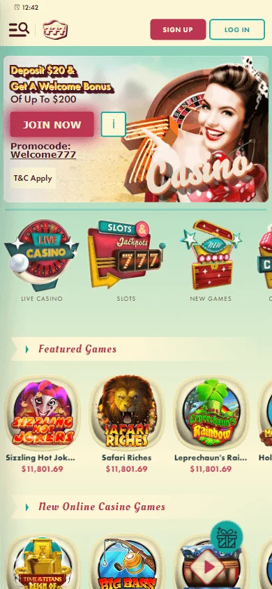 777 Casino mobile home experience on a smartphone