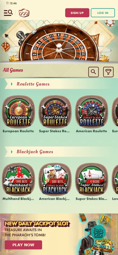 777 Casino mobile games area with casino game choices
